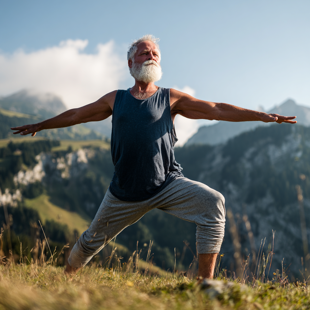 Elderly European woman practicing yoga breathing exercises in a serene outdoor setting, smiling peacefully with her eyes closed