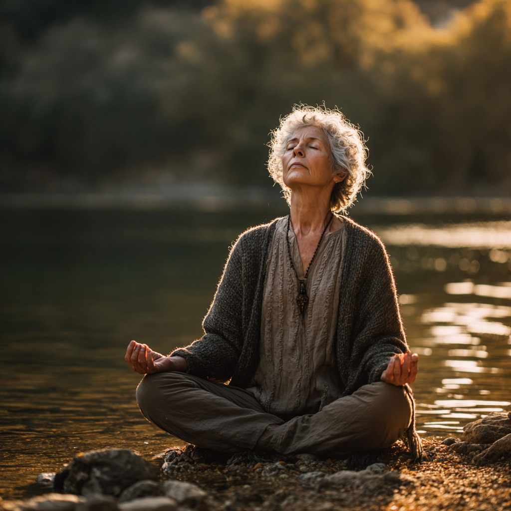 Group of elderly European people practicing yoga poses together in a bright studio, all smiling and focused on their practice