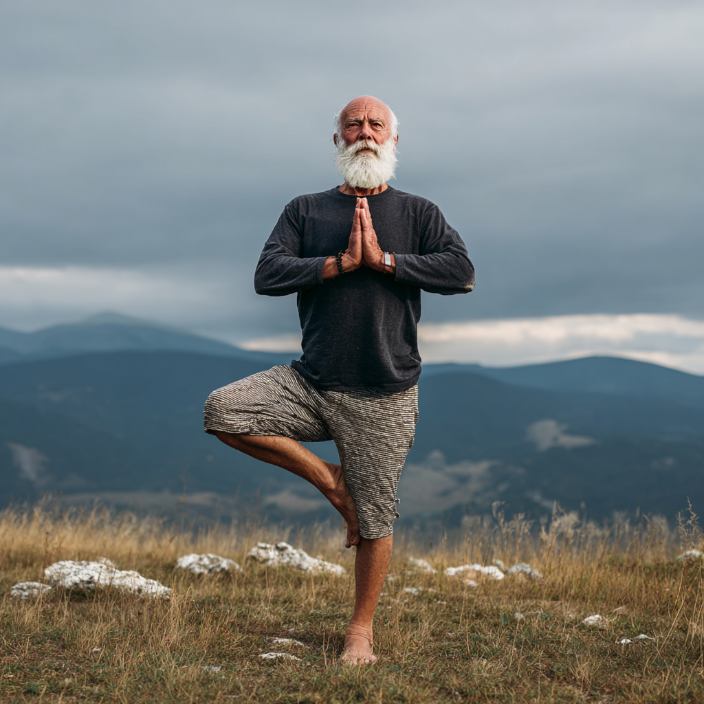 Peaceful elderly European woman in meditation pose on a yoga mat, surrounded by plants, with a gentle smile and relaxed posture demonstrating the Séruma Balance methodology